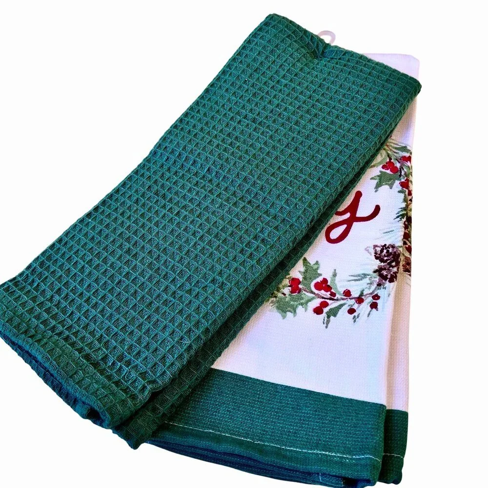 Christmas Cotton Kitchen Towel 2 Pack Green & White Holly JOY by North Pole NEW